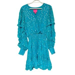 Lilly Pulitzer Heline Dress Turquoise Gold Metallic Dot Smocked Size 8 Party